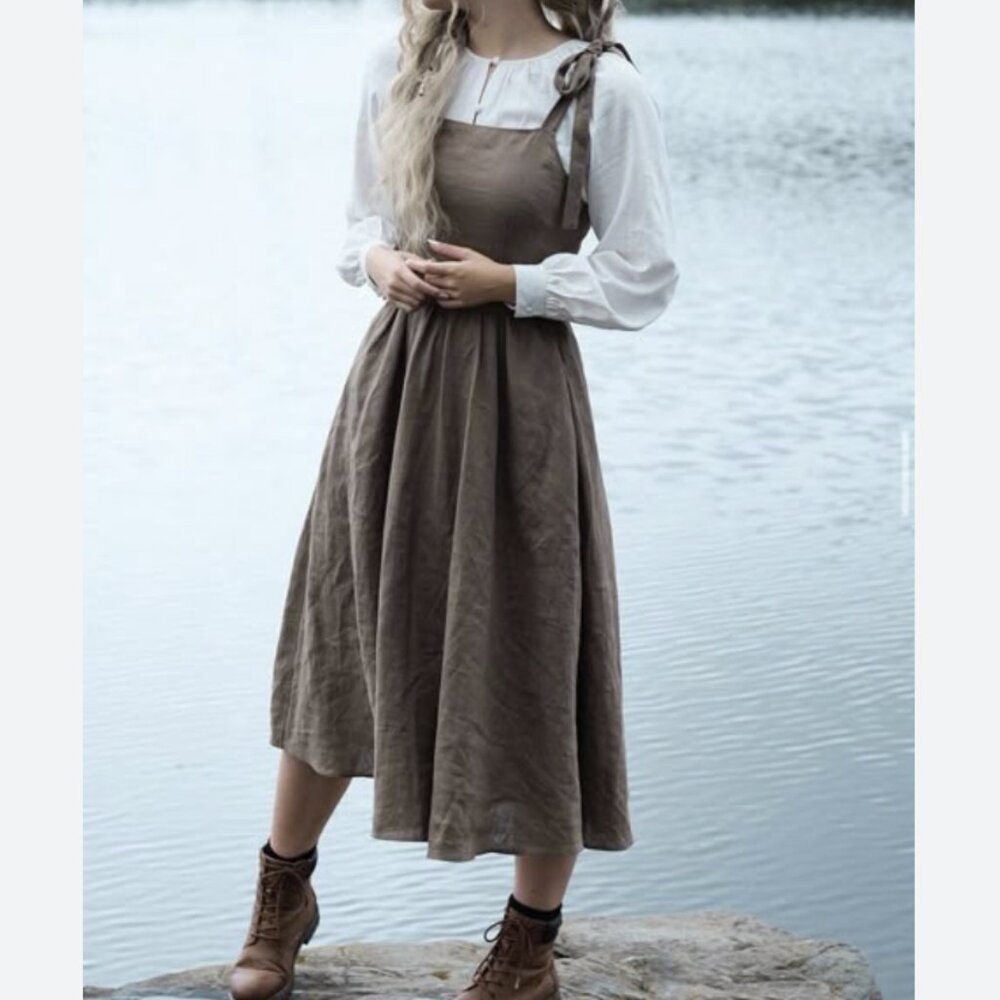CottagecoreWear 100% Linen Midi Dress Peasant Renaissance Apron Tan Tie Size XS